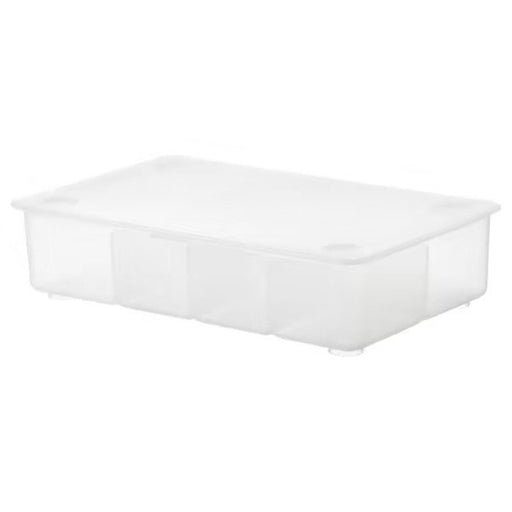 A transparent box with a white lid from IKEA, perfect for easy storage and organization.