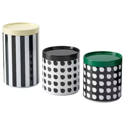 IKEA mixed pattern storage tins, set of 3, with lids. Their colorful and stylish design make them perfect for household storage.