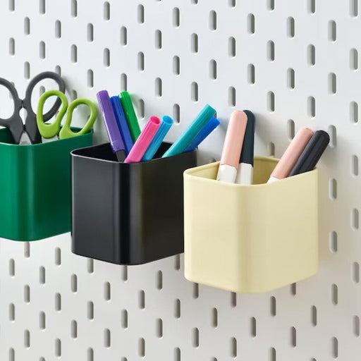 An IKEA pegboard container with a built-in handle, designed for easy access and portability of its contents. 50518707