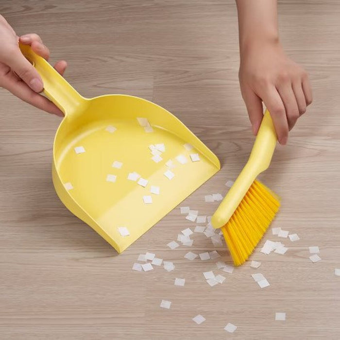 Digital Shoppy Yellow dust pan and brush set by IKEA. The dust pan and brush have yellow handles and are perfect for efficient cleaning.- 60533552