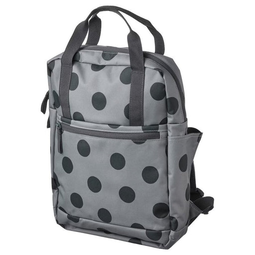 A front view of a gray IKEA backpack with multiple compartments and pockets.