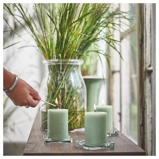 IKEA  Scented pillar candle, Fresh grass/light green, 30 hr ( Pack of 3 )-ikea scented candles, ikea candle lantern, for decoration, in door candles, ikea candles online india digital shoppy,-80502314