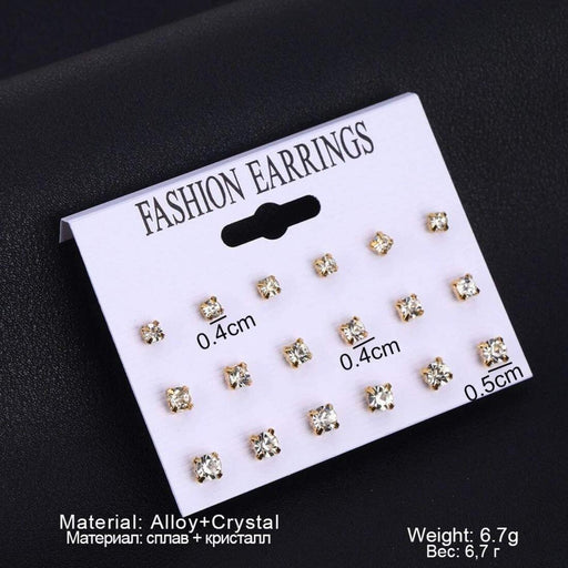 Digital Shoppy Women Fashion Jewelry Round Crystal Square Stud Earrings Set - 9 Pairs