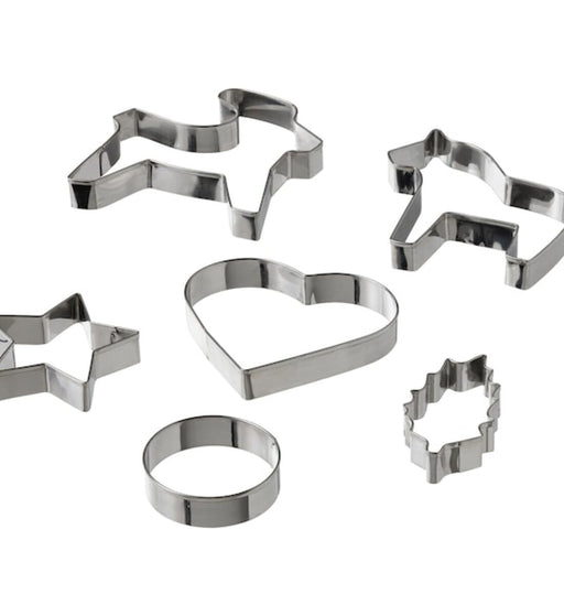 An image of the IKEA pastry cutter set, showing six stainless steel pastry cutters of different shapes and sizes arranged neatly in a row on a white background 30501067       