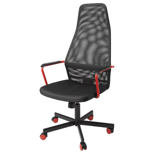 "IKEA gaming chair with high backrest and adjustable armrests in black and red"