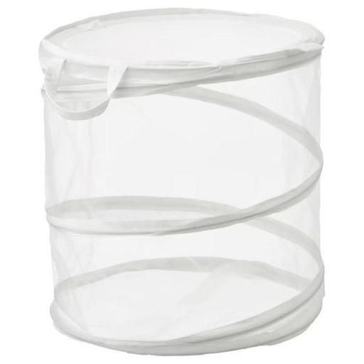 A white plastic laundry basket from IKEA, with a classic and simple design that's perfect for everyday use."