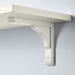 A white metal bracket holding up a wooden shelf against a white wall. 60430554   