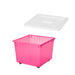 A pink storage cabinet with several drawers and shelves, perfect for storing clothes or other items." "A wooden s