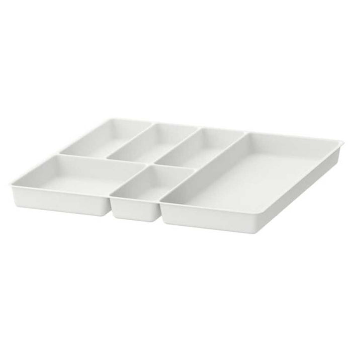 A stack of grey plastic cutlery trays in different sizes, designed to fit various drawer dimensions. They can be stacked to save space when not in use.