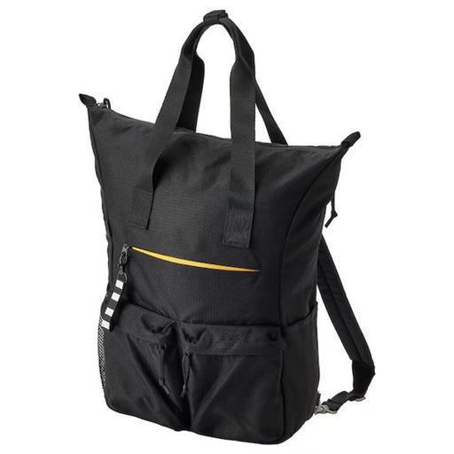 IKEA backpack on a person's back, with adjustable straps and a padded back panel."
