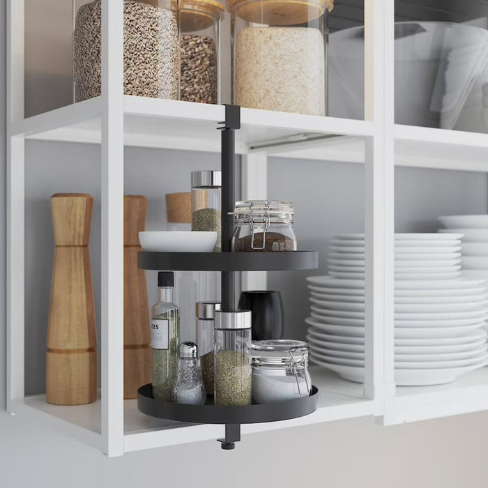 "A close-up of the Anthracite Swivel Shelf from IKEA, highlighting its rotating feature for easy access to items."