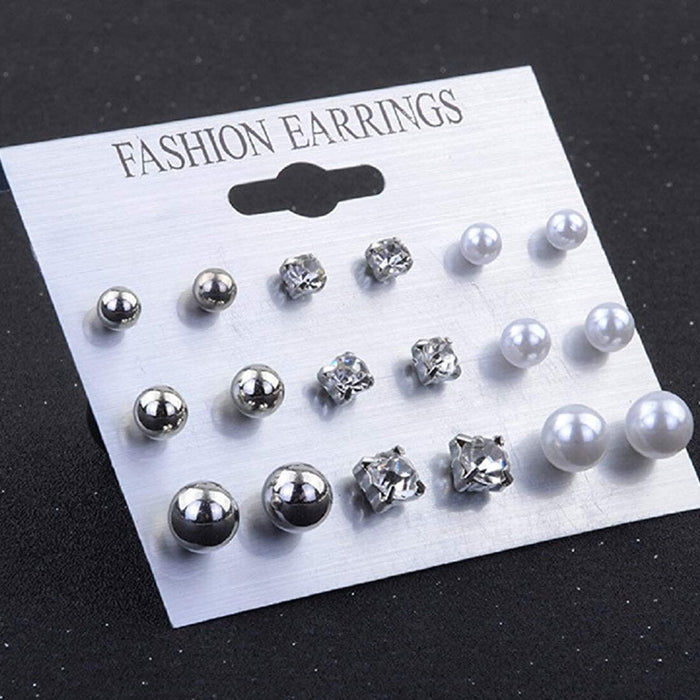 A set of 9 pairs of women's elegant simulation pearl and crystal metal stud earrings, perfect for adding sophistication to any outfit.