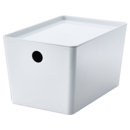 A white plastic storage box with a lid from IKEA, perfect for storing small items like clothing accessories, toys, or office supplies.