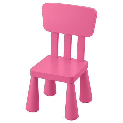 An IKEA children's chair in playful pink color, suitable for both indoor and outdoor use. 
