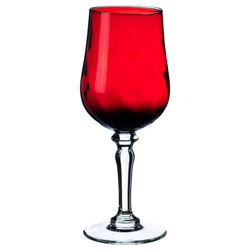 A set of decorative wine glasses with textured grip and colored stems.