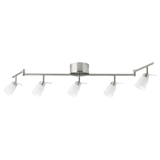 A close-up view of an adjustable IKEA ceiling spotlight with a sleek silver finish 30314198