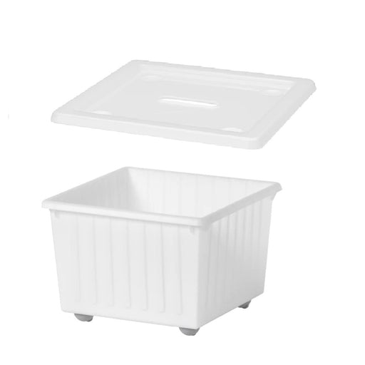 "A white storage box with lid and handles, perfect for organizing clothes, shoes, or toys.
