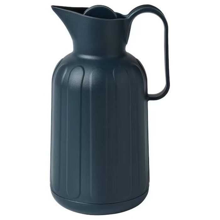 A double-walled vacuum flask with a blue exterior and a screw-on cap, featuring a wide-mouth design for easy pouring and cleaning.