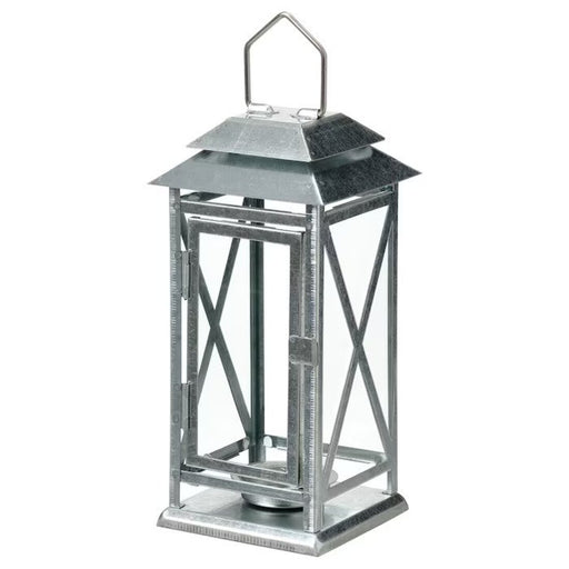Galvanised lantern for tealights with rustic design and glass windows, perfect for indoor or outdoor use. 20523588             