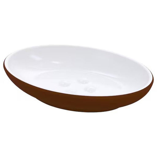 A brown ceramic soap dish with rounded edges, perfect for keeping soap in place, suitable for use in the bathroom or kitchen. 30542299
