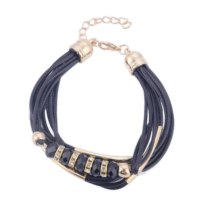 Black multilayer leather bracelet for women with white tone studs