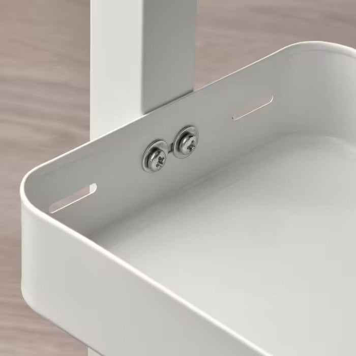 a closeup image of an IKEA desktop shelf with a smooth, white finish and curved edges 00541569