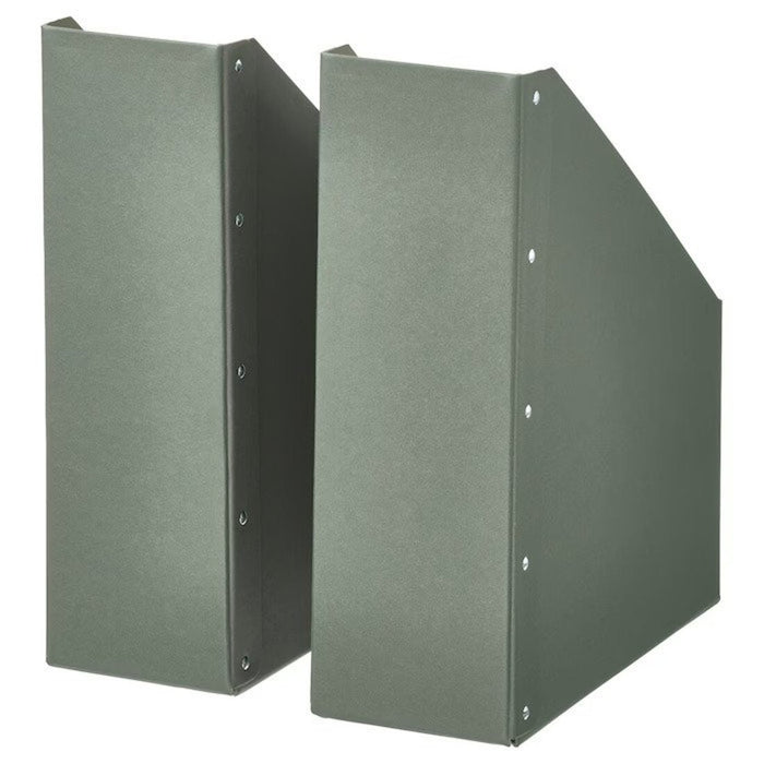 A set of two lightweight and durable magazine holders in a subtle grey-green shade from IKEA.  90538751            