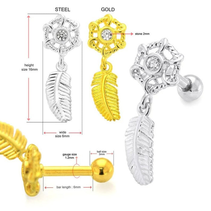 A set of mismatched earrings featuring one stud and one dangling earring with a unique, artistic design.