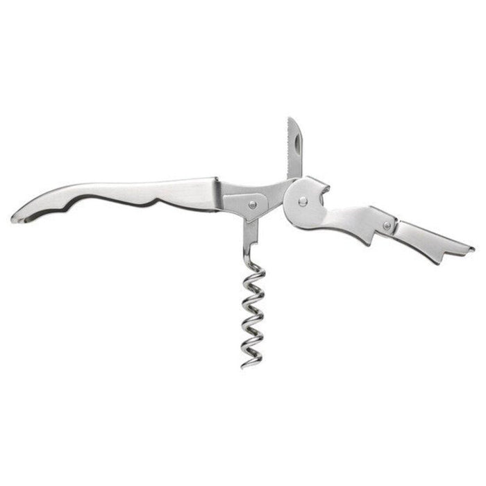 A classic metal corkscrew with a wooden handle, shown in a side view on a wooden surface with a blurred background.-40531549                    
