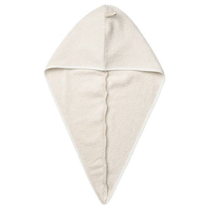 Digital Shoppy IKEA An image of an IKEA hair towel wrap in natural color, draped over a wooden hook. The soft and absorbent material of the wrap is visible, making it a perfect accessory for hair care