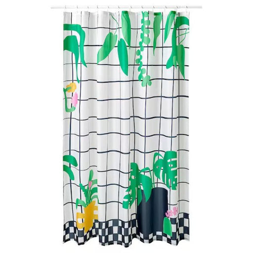 An image of the IKEA white/green shower curtain hanging in a bathroom, adding a pop of color and style to the decor. The curtain is made from high-quality material and is 180x200 cm in size.- Digital Shoppy