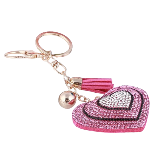 A crystal heart key chain with a smooth and polished surface