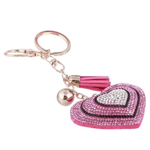 A crystal heart key chain with a smooth and polished surface