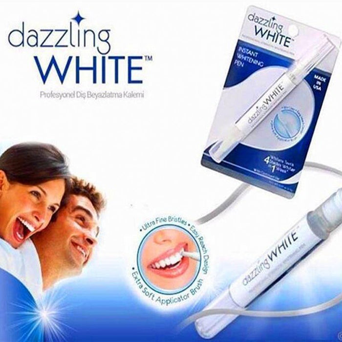 The dental dazzling white teeth whitening pen, with a sleek white and silver design and a twist mechanism for dispensing the whitening gel.