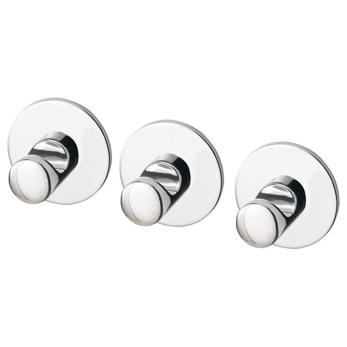 A close-up of the IKEA Hook Self Adhesive in Chrome Plated finish, with a round base and a curved hook extending from it.