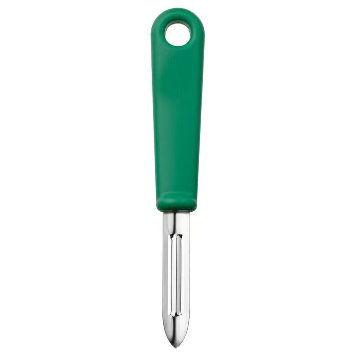 An IKEA potato peeler with a stainless steel blade and a green plastic handle 00521953