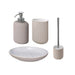 Bathroom accessories set: A set of four beige bathroom accessories including a toothbrush holder, soap dish, soap dispenser, and toilet brush.