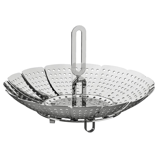A stainless steel folding steamer basket from IKEA, with a collapsible design for easy storage and a sturdy handle for convenient use.