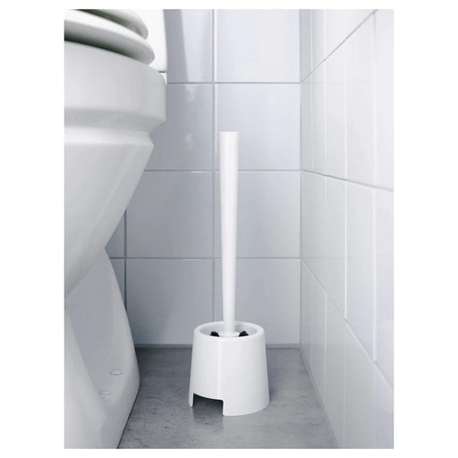 Digital Shoppy IKEA Toilet Cleaning Brush/Holder, White - , An image of the IKEA Toilet Cleaning Brush, with white bristles and a white handle, sitting inside its holder. The holder is cylindrical in shape and also white, with a small opening at the top for the brush to be inserted. vdigitalshoppy.in