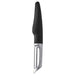 An IKEA potato peeler with a stainless steel blade and a black plastic handle  50175139