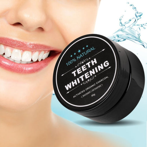 A close-up image of a person's teeth before and after using the teeth whitening scaling powder, showing the significant improvement in whiteness. 
