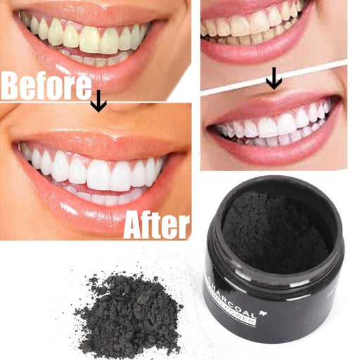 A before-and-after photo of teeth that have been whitened using the bamboo charcoal teeth whitening powder.
