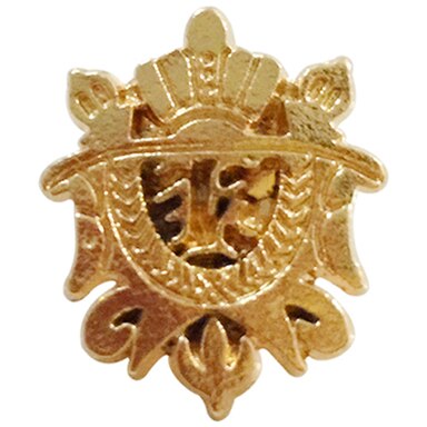A close-up of a British vintage brooch pin badge with a knight medal crown shield design, perfect for men's jewelry.