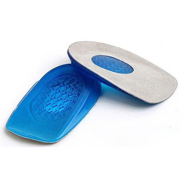 A pair of silicone gel heel cushion pads with an emphasis on the soft and comfortable material.