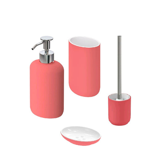 A set of four Light Red bathroom accessories including a toothbrush holder, soap dish, soap dispenser, and toilet brush, designed to fit in small bathrooms