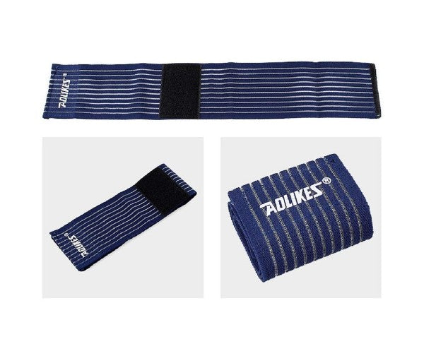Elastic Sport Bandage Wristband with a logo on it. Alt text: "Close-up photo of Elastic Sport Bandage Wristband with logo for gym support.