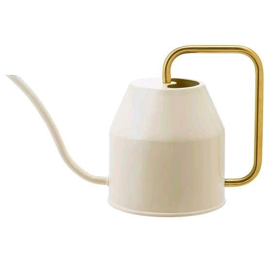 A beige ceramic watering can from IKEA with a textured surface and comfortable grip handle.