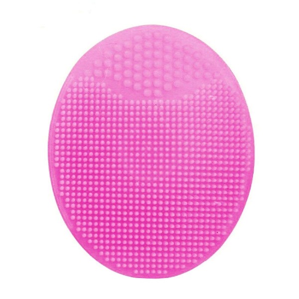 A pink silicone pad with bristles on one side and bumps on the other, labeled "Baby Massage Wash Pad"