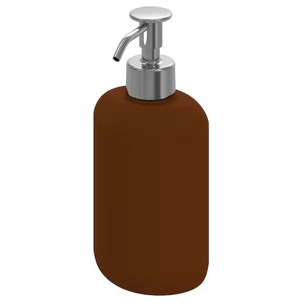Soap dispenser: A brown soap dispenser with a pump to dispense liquid soap or lotion.