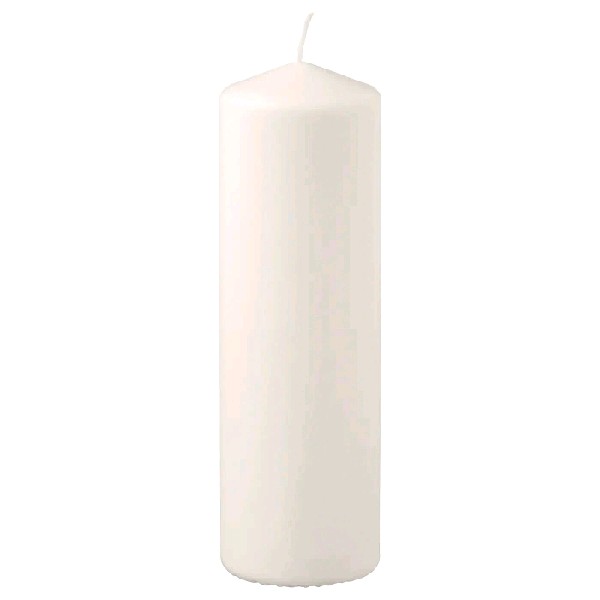 A white unscented block candle from IKEA, providing a traditional and natural lighting source to any room.